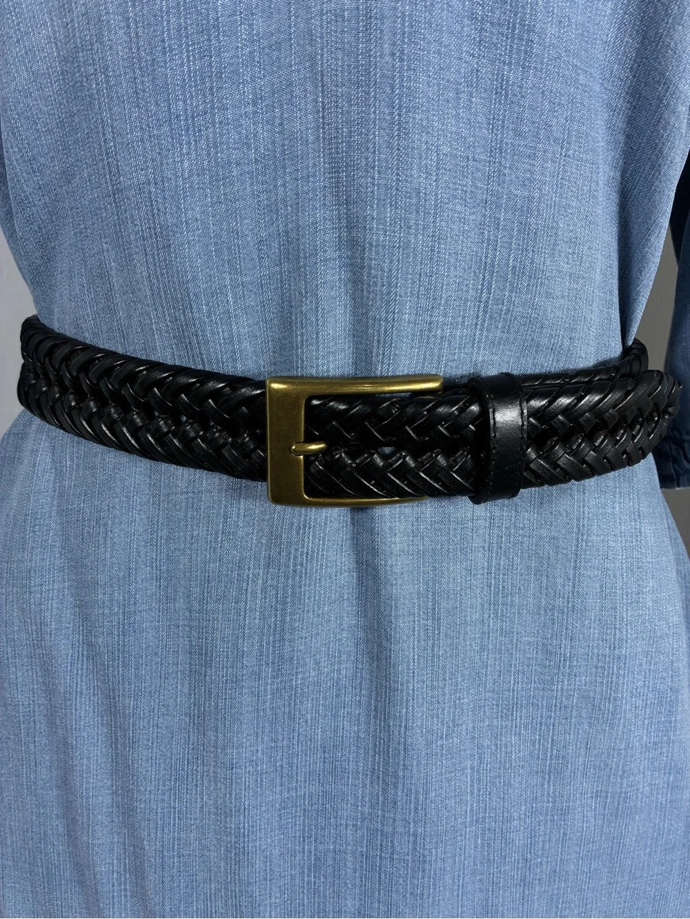 Dockers Mens Belt Sz 44 Braided Black Leather with Brass Buckle
